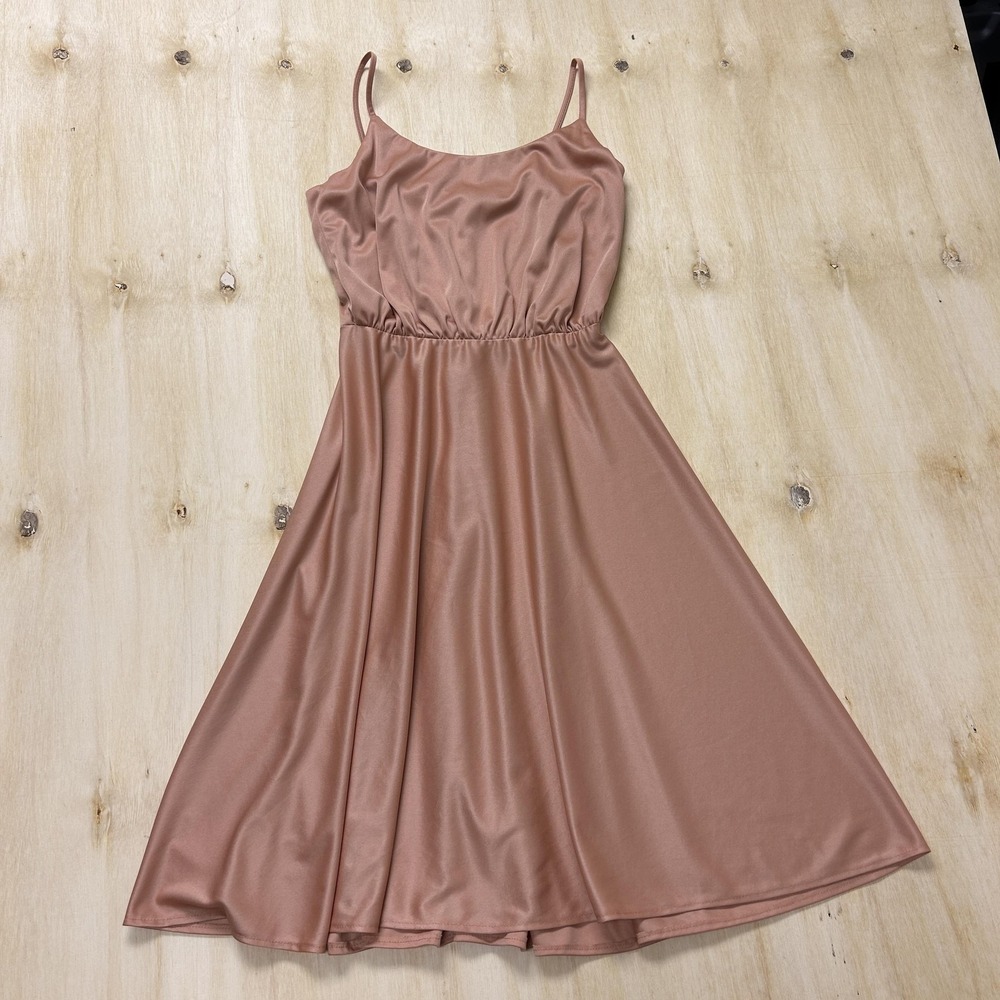 Y2K‎ Dress Womens Small Beige Satin Slip Fit & Flare Midi Spaghetti Strap Party